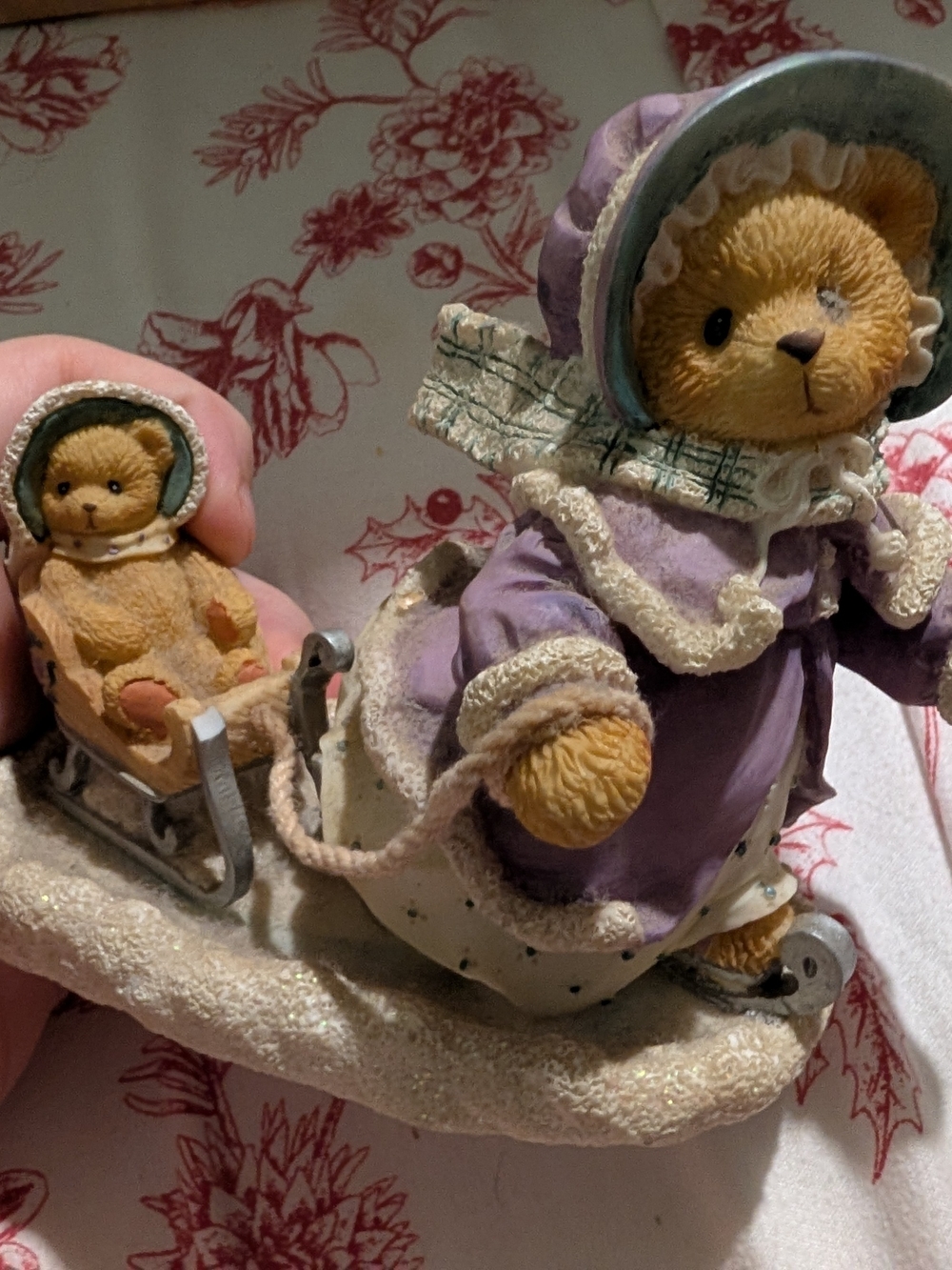 Cherished Teddies Purple Bear Pulling Sled with Cub